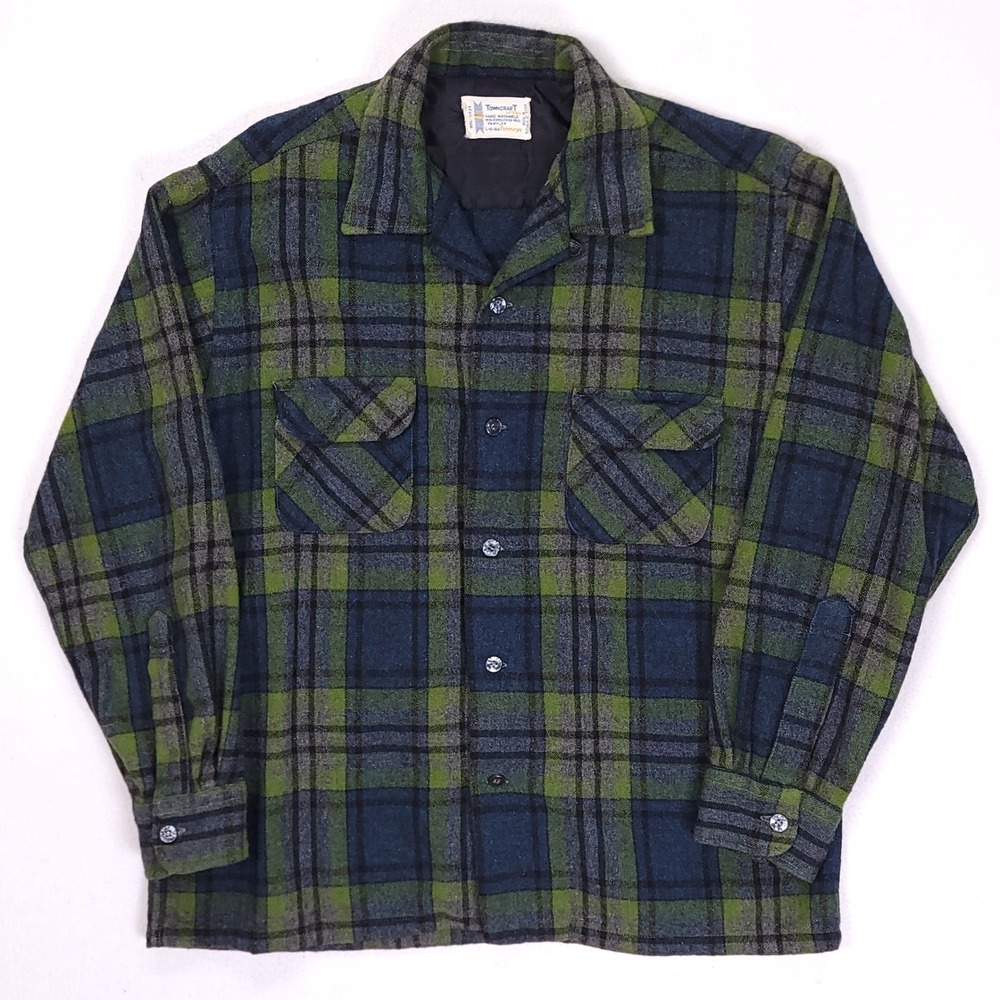 Vintage Towncraft Plus Mens Wool Plaid Flannel Shirt Green Navy Blue Large L